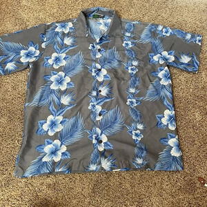 Makani Hawaii Shirt Mens Large Gray Blue Floral Microfiber Hawaiian Aloha Tribal